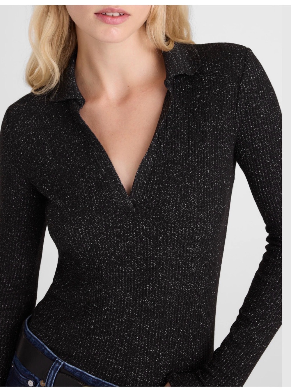 NWT Madewell Sparkle Long-Sleeve Ribbed Polo Top, sz Small